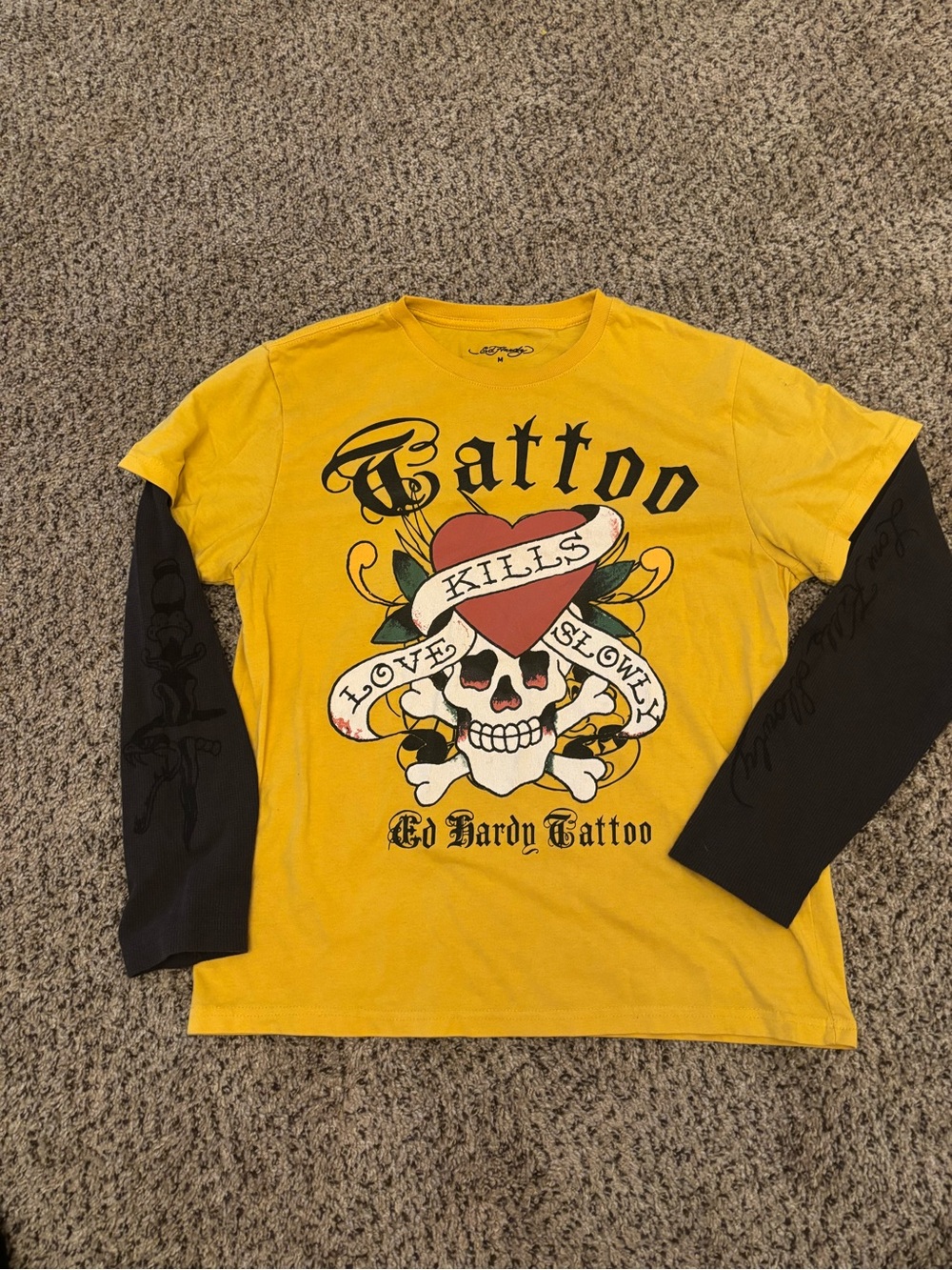 Ed Hardy Yellow Tattoo Skull Graphic Long Sleeve Tee with Black Sleeves